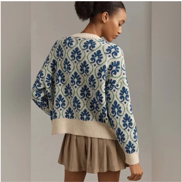 Anthropologie Maeve Blue Floral Pop Graphic Intarsia Cardigan Sweater Jacquard - Picture 3 of 10